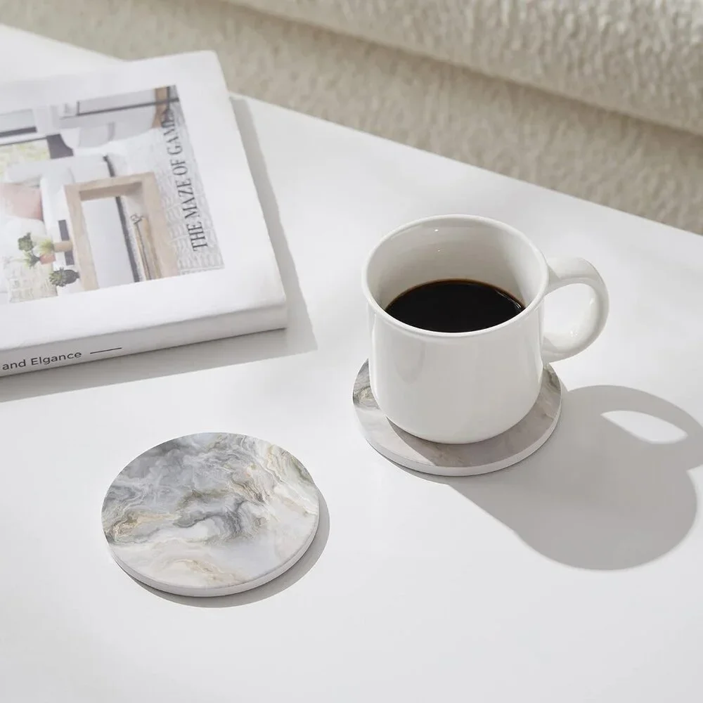 Set of 6 Abstract Gray White Marble Coasters with Holder, Absorbent Ceramic Coas
